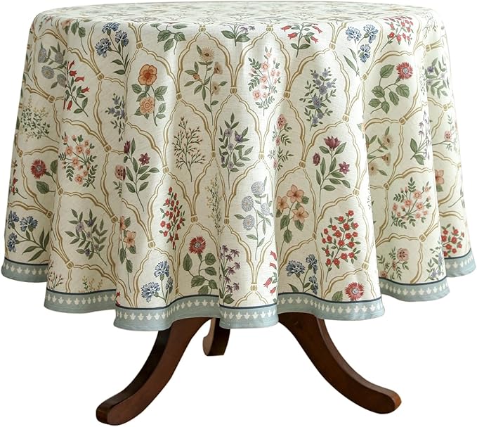 ISAENNE Designer Vintage Round Linen Tablecloth,Diameter 67"-Serenity B | Elegant Colorful Floral Pattern Beautiful Durable Heavyweight Table Cloth for Dining Room Tea Party Kitchen Thanksgiving