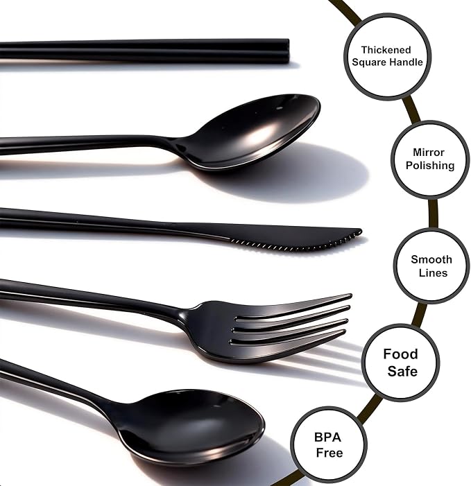 Tinybee 150PCS Black Plastic Silverware - Heavy Duty Disposable Silverware, Luxury Black Plastic Utensils - Elegant Disposable Utensil Include 50 Knives,50 Forks,50 Spoons for Party&Wedding