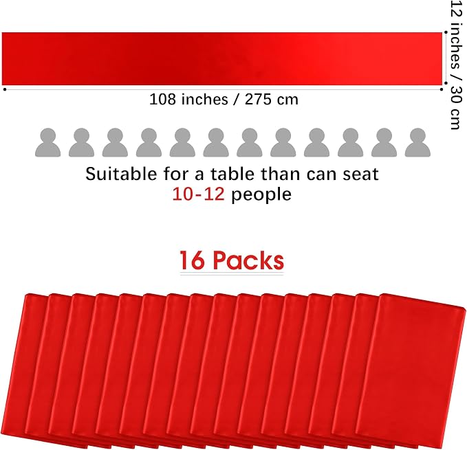 Aneco 16 Pack Satin Table Runner 12 x 108 Inch Red Long Wedding Satin Silk Table Runner for Wedding Banquet Graduations Birthday Party Decoration