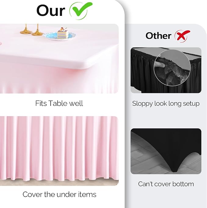 Wish Care 6 Pack Pink Spandex Table Clothes for 4 Foot Rectangle Tables, 4FT Wrinkle Free Fitted Tablecloths Ruffles Design Table Cover for Party, Banquet, Wedding and Events