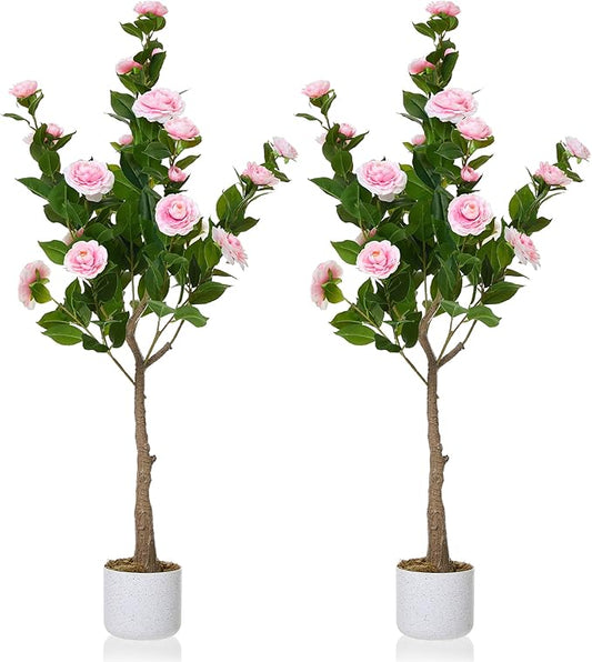 Garvee 4FT Artificial Camellia Tree 2 Pack, Faux Camellia Plant with White Planter and 24 Pink Flowers, 47" Fake Potted Flower Trees for Home and Office Decor, Pink
