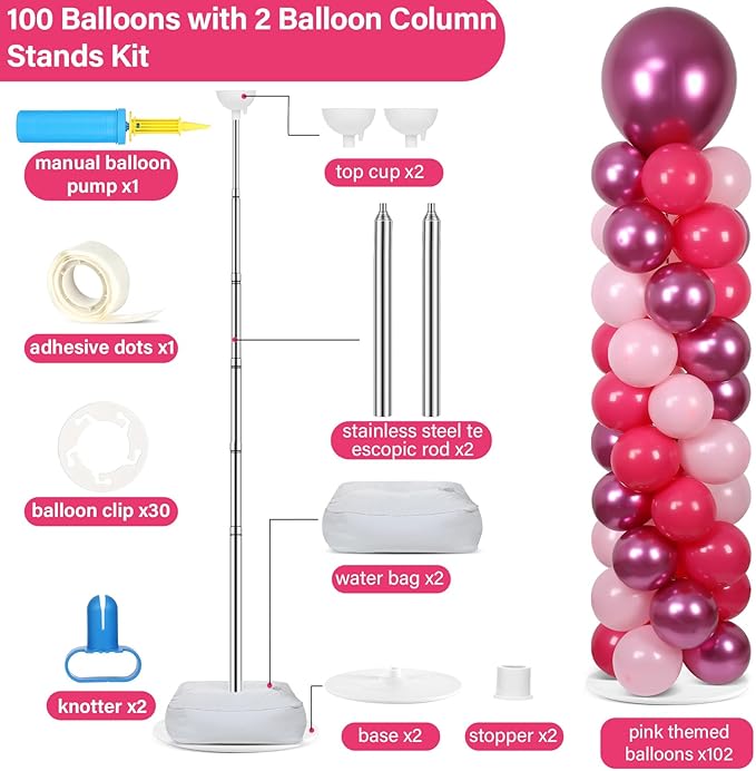 2 Sets Pink Balloon Column Stand Kit with 100 Balloons Adjustable Balloon Tower Stand with Bases for Floor Hot Pink Column for Girls Graduation Mother's Day Birthday Wedding Spring Party Decor