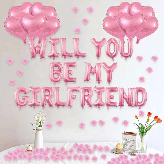 2 Set Pink Will You Be My Girlfriend Balloons - 42pcs 16" Letter Balloons 1200pcs Pink Artificial Rose Petals 10pcs 18" Heart Balloon Alphabet Foil Mylar Balloon for Valentines Day Decorations