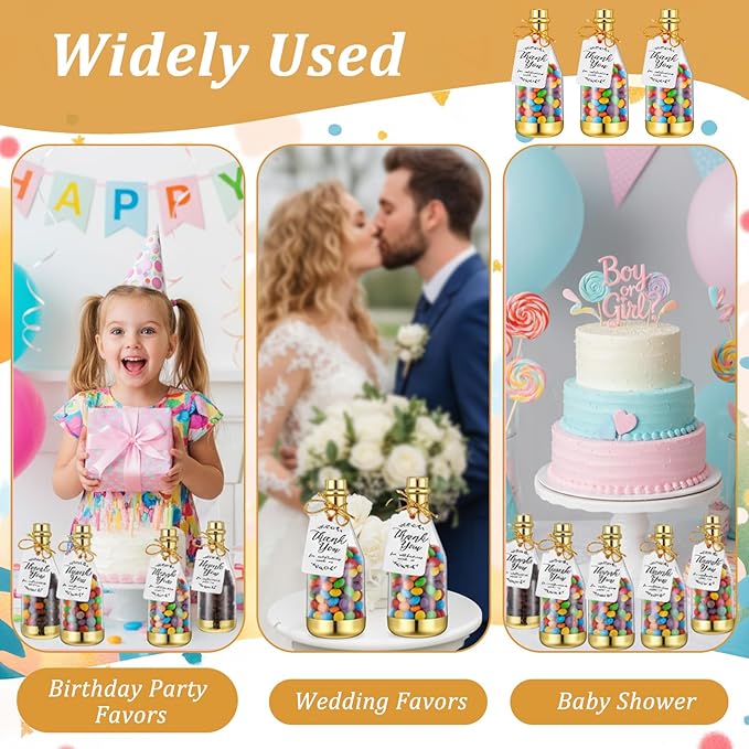 50 Pcs Mini Champagne Bottles, Gold Plastic DIY Small Champagne Candy Bottles Bulk with Gift Tags Gold Strings and 65 ft Rope, Mini Bottle Containers for Wedding Party Favor Baby Shower Birthday