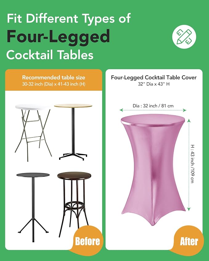 Cocktail High Top Table Covers - 32x43 Inch Fitted Spandex Round Cocktail Tablecloth for Bar Height Standing Table Cloths Reusable, for Party Wedding Banquet Event Decorations, Shiny Pink, 8 Pack