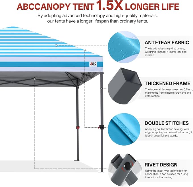 ABCCANOPY 10x10 Pop Up Canopy Tent, Easy Setup Instant Shelter with Wheeled Bag, Heavy Duty Outdoor Canopy for Beach, Market, Backyard, Outdoor Weather Protection (Sky Blue Stripes, 10x10)
