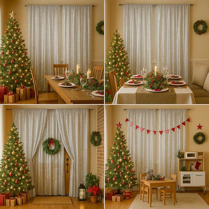 PartyDelight Silver Sequin Backdrop Curtains 2x8ft 4 Panels | 3mm stitched sequin curtain with 4 inch rod pocket for 2x8ft 4 panel fuller wall coverage pleated backdrop and 8ft stand