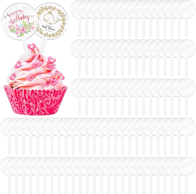 BBTO 100 Pieces 2 Inch Circle Blank Cupcake Toppers DIY Acrylic Round Clear Cupcake Toppers Sticks for Birthday Festival Party Christmas Halloween Baby Shower Wedding Party Cupcakes Decoration