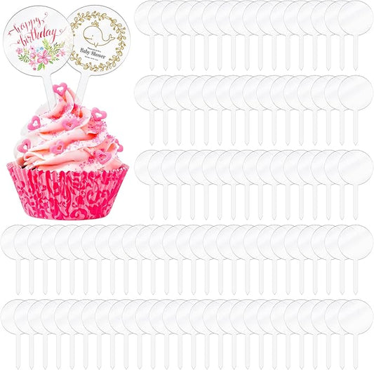 BBTO 100 Pieces 2 Inch Circle Blank Cupcake Toppers DIY Acrylic Round Clear Cupcake Toppers Sticks for Birthday Festival Party Christmas Halloween Baby Shower Wedding Party Cupcakes Decoration
