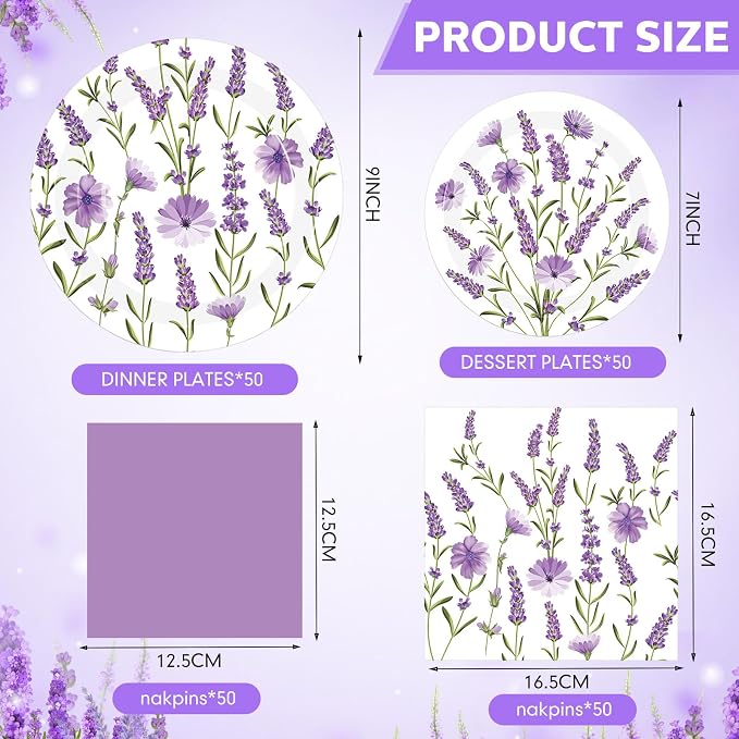 Funnymoom 200 Pcs Lavender Floral Party Supplies Kit Purple Disposable Paper Dinner Dessert Plates Luncheon Napkins Beverage Napkins for Spring Summer Birthday Wedding Tea Party Decoration 50 Guests