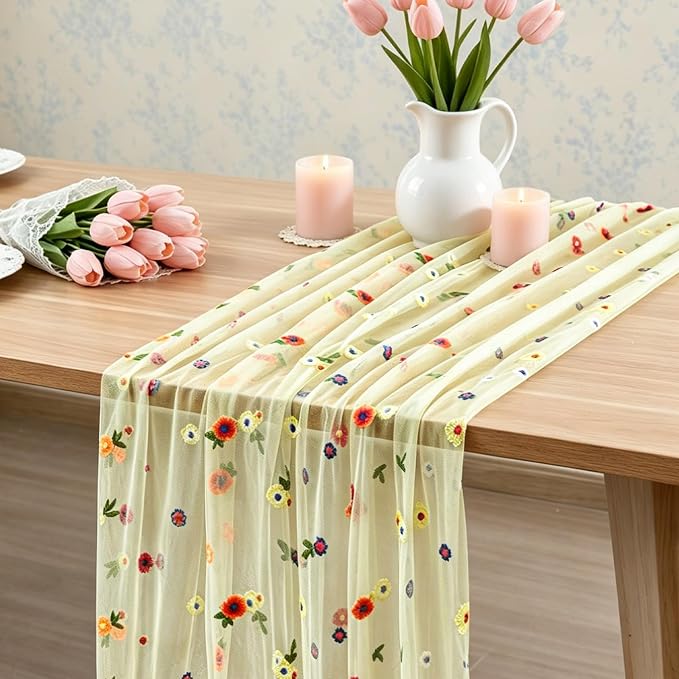 BINBE 1pcs Daisy Spring Table Runner Embroidery Gauze 10FT Florals Seasonal Tulle Holiday Birthday Kitchen Dining Table Decor for Home Party Green
