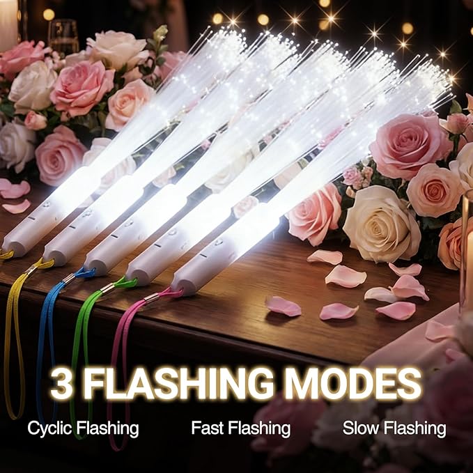 100Pcs White Fiber Optic Wands, Led Cold Sparklers Wedding Send Off Ideas, 3 Flashing Modes Wedding Glow Sticks for Reception, Light up Wands, Fiber Optic Lights for Party Favor