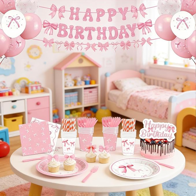 Pink Bow Birthday Party Supplies Serve 24, 232pcs Coquette Birthday Decorations Include Plates Napkins Cups Banner Tablecloth Cake Topper Balloons Tableware for Girls Bachelorette Party Decor