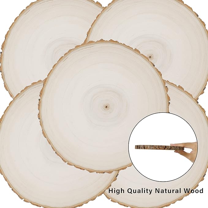 Prsildan 4 Pack Large Wood Circle Slices, 8 to 10 Inches DIY Unfinished Wood Table Centerpieces, Natural Rustic Round Crafts for Indoor Christmas Wedding Party Décor