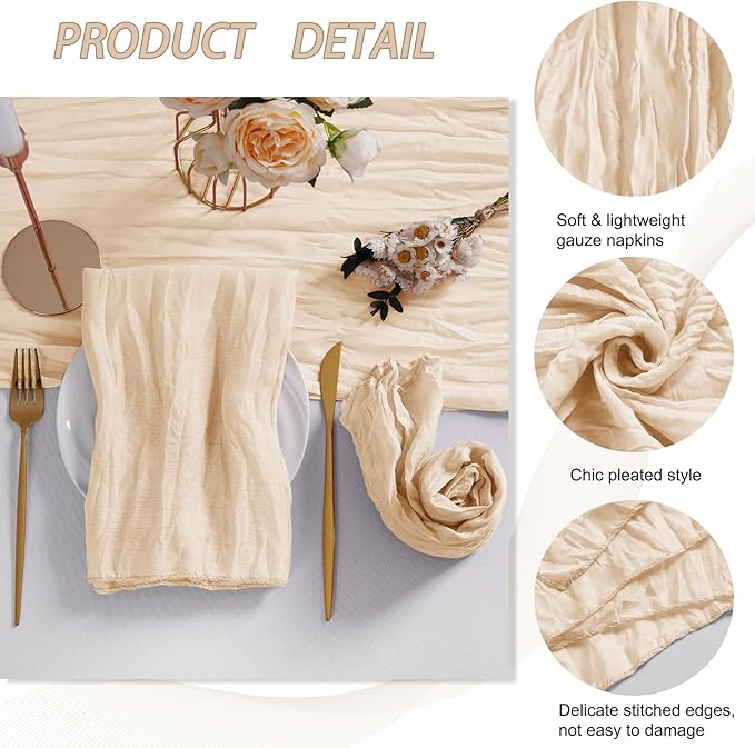 LZY 60 Pack Gauze Cheesecloth Napkins 20x20 Inch Dinner Cloth Napkins, Soft Boho Table Napkins Rustic Wrinkled Cheese Cloth Napkins Bulk for Wedding Party Baby Shower Event Decor (Ivory)