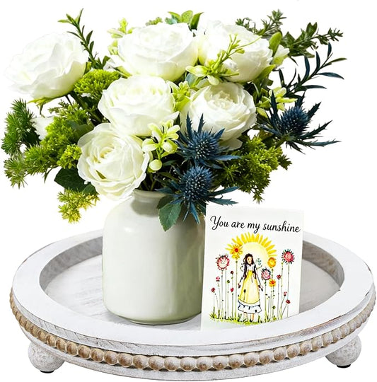 Wood Round Tray for Wooden Coffee Table Decor, Wood Raise Candle Tray Holder Plate,Farmhouse Small Decorative Trays Beade, Rustic Serving Tray for Kitchen Table, Home Decor, Living Room, Retro White