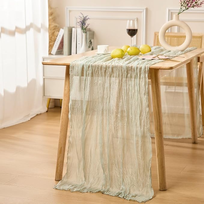 Sage Green Spring Table Runner Boho Cheesecloth Table Runner 120 inches Crinkled Gauze Sheer Mother's Day Table Centerpieces for Wedding Ceremony Anniversary Bridal Baby Shower Banquet