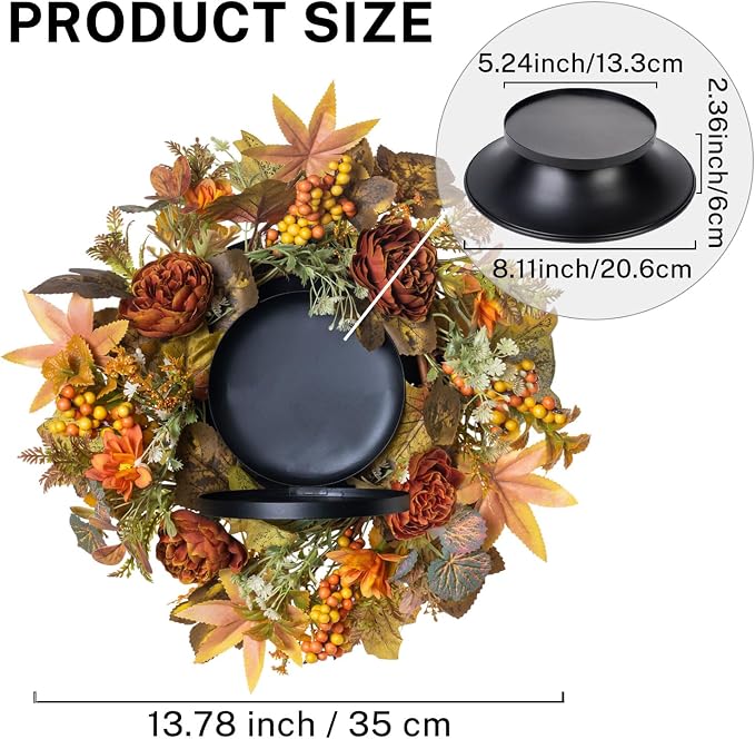 MOYEE Autumn Centerpieces for Tables Candle Ring, Black Metal Candlestick with an Artificial Wreaths 14 in Versatile Dining Table Centerpiece Decor (Austin Rose Wreath)
