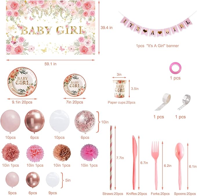 Baby Shower Decorations for Girl,225 PCS YHFNDIYS Pink Floral Girl Baby Shower Decorations Party Supplies (20 Guest) with Paper Plates Cups Napkins Straws Banner Tablecloth Backdrop Balloons Arch Kit