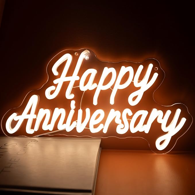 Happy Anniversary Neon Sign - 15.75" Dimmable LED Wall Decor Light, USB Romantic Gift for Couples,Business Celebrate Banner，Party Wedding Anniversary Decorations