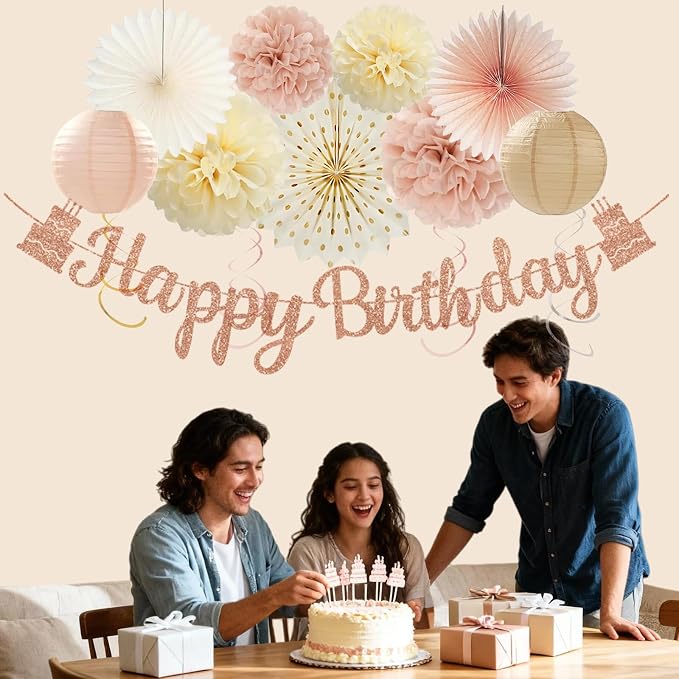 Champagne Gold Beige Birthday Party Decorations, Happy Birthday Banner, Paper Pompoms, Lanterns, Fans, Hanging Swirls, Circle Dots Garland Tassel Garland for Birthdays Party Decorations 37pcs