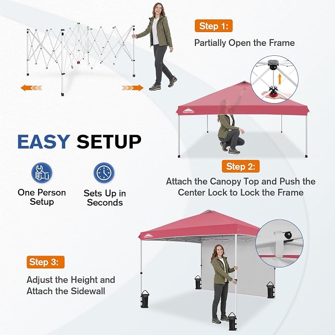 EAGLE PEAK Commercial Canopy 10x10 Pop Up Canopy Tent with 1 Sidewall, Easy Setup Heavy Duty Instant Event Shelter for Vendors & Markets, Outdoor Sun Shade, Peach Pink
