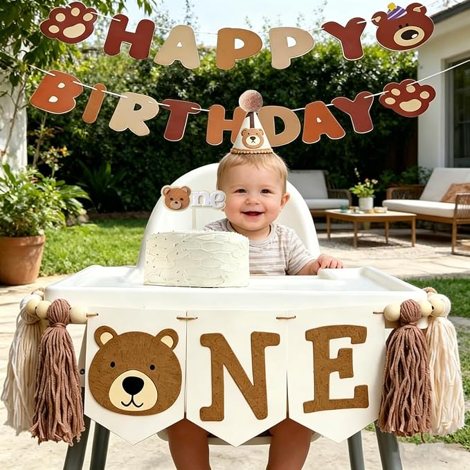 1st Birthday Decorations For Boy Girl - Bear Birthday Party Decorations With Felt Happy Birthday Banner, Birthday High Chair Banner, Cake Topper & Party Hat, First Birthday Decor Kit For Baby Shower