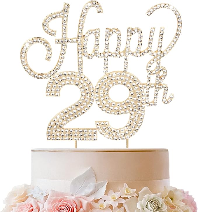 LINGTEER Happy 29th Birthday Gold Rhinestone Cake Topper - Cheers to 29th Birthday 29 Years Old Anniversary Party Cake Centerpieces Topper Decorations Gift Sign.
