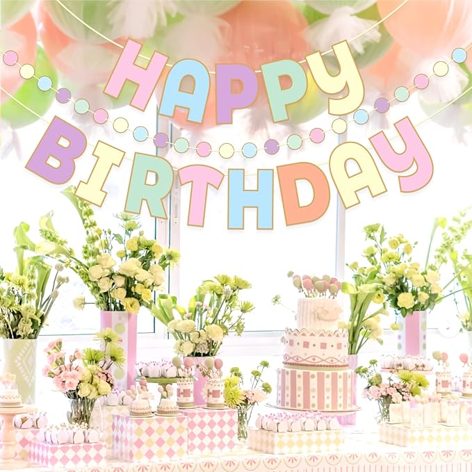 Pastel Birthday Decorations，Macaron Happy Birthday Banner， Pastel Honeycomb Balls, Flower Swirls, Garland, Hanging Paper Fans Decoration for Easter Party