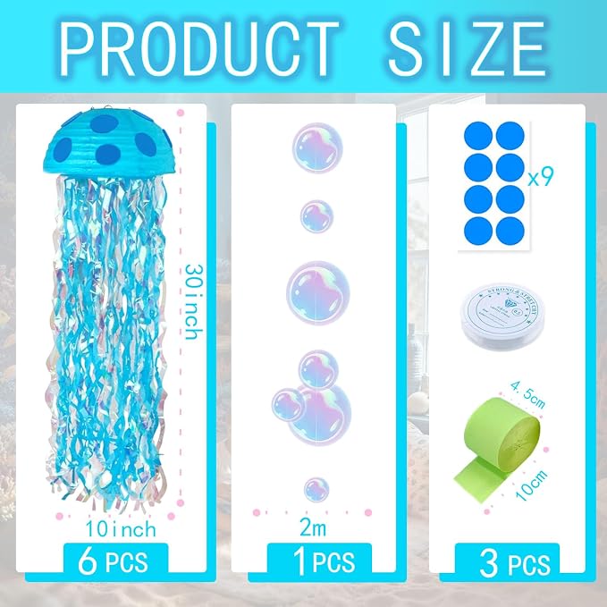 18 Pcs Under The Sea Party Decorations-6pcs 10'' Hanging Jellyfish Paper Lanterns， Bubble Garlands Crepe Paper for Shower - Mermaid Birthday Decorations，Ocean Theme Classroom & Beach Room Decor Blue