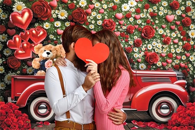 15x8ft Vinyl Red Car Backdrop Valentines Bear Floral Wall Truck Photography Background Wedding Bridal Engagement Party Decorations Studio Props