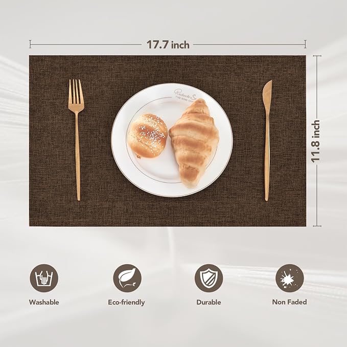 BALCONY & FALCON Faux Linen Placemats Set of 4 Washable Place Mats Heat Resistant Table Mats for Restaurant Dining Christmas Thanksgiving Party Indoor Outdoor （Brown, 17.7x11.8 in, 4PCS