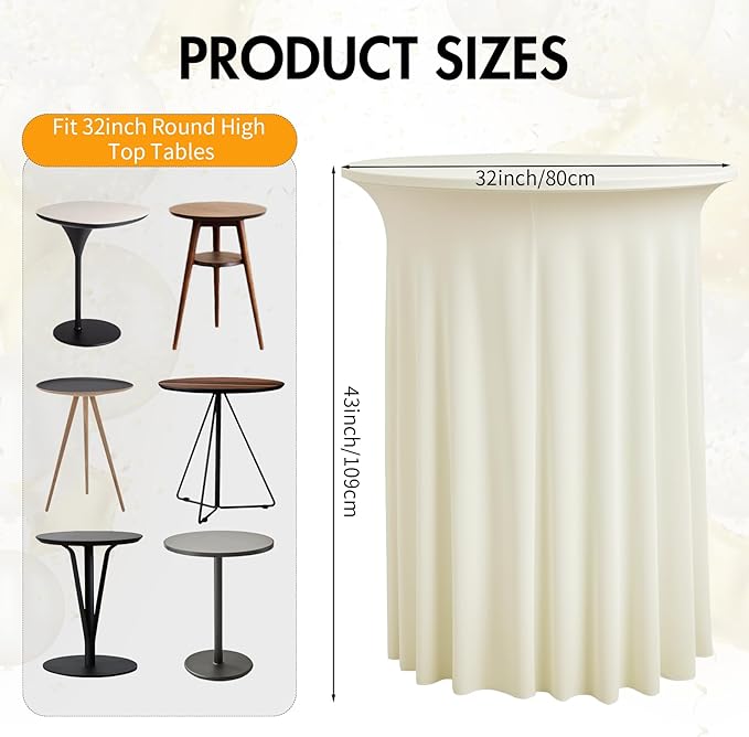 6 pk Ivory Cocktail Table Cloth Round 32×43in-High Top Highboy Bar Cocktail Tablecloths-Wrinkle Free Stretchy Fitted Spandex Table Covers with Ruffle Desk Skirt for Wedding Banquet Party Tables
