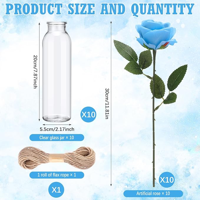 Qinyoung 10 Set Dried Pampas Grass Centerpiece for Wedding Baby Shower Party 10 Glass Flower Jars 10 Artificial Roses 80 Dried Pampas Grass with Rope for Rustic Bridal Farmhouse Decoration (Blue)