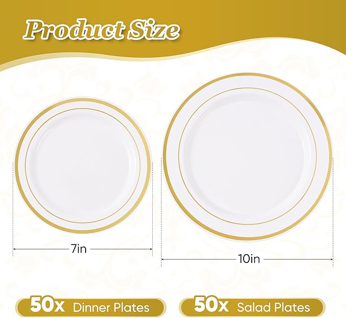 Fijinhom 100PCS Gold Plastic Plates, Disposable Plates with 50PCS 10" Dinner Plates & 50PCS 7" Dessert Plates for 50 Guests, Plastic Party Plates for Wedding, Birthday, Gold
