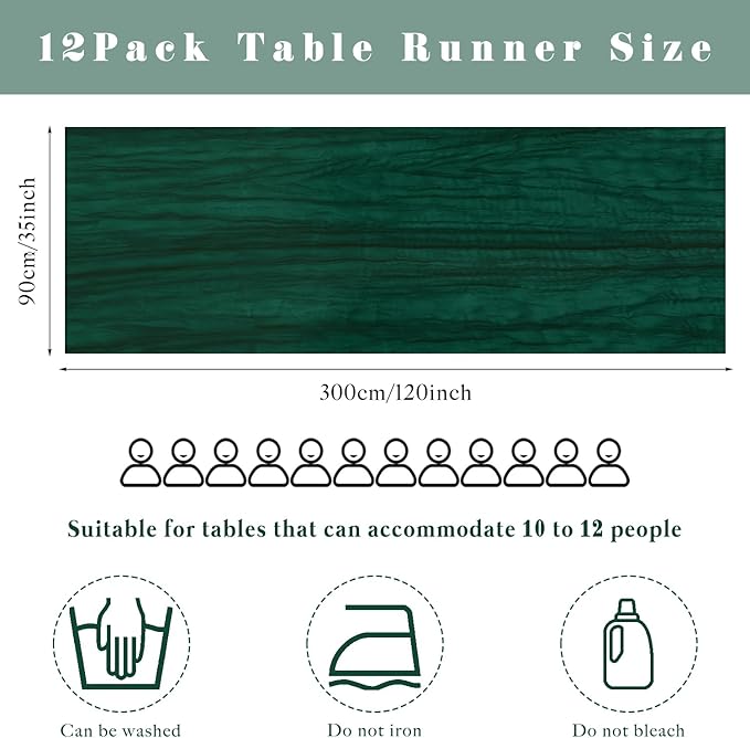 12 Pcs 10FT Emerald Green Cheesecloth Table Runner Gauze Fabric 35 x 120 Inches Long Boho Cheese Cloth Table Runner Rustic Semi Sheer Runner for Wedding Birthday Bridal Shower Party (Emerald Green)