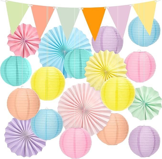 21Pcs Pastel Classroom Decor Colorful Pastel Hanging Paper Lanterns Paper Fans Triangle Flags Banners Set Round Lantern for Back to School Ceiling Supplies Home Indoor Birthday Party Ceremonial Event