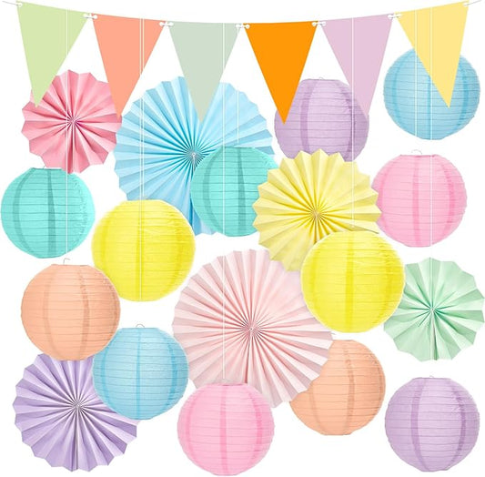 21Pcs Pastel Classroom Decor Colorful Pastel Hanging Paper Lanterns Paper Fans Triangle Flags Banners Set Round Lantern for Back to School Ceiling Supplies Home Indoor Birthday Party Ceremonial Event
