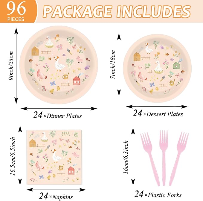 96Pcs Farm Barnyard Party Decorations Garden Tea Themed Tableware Farm Animals Flowers Plates Napkins Forks Summer Floral Dinnerware Supplies for Baby Shower Birthday Serves 24 Guests