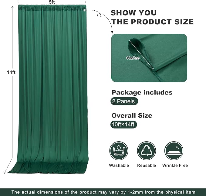 10ft x 14ft Hunter Green Backdrop Curtains for Wedding Parties, 2 Panels Wrinkle Free Polyester Fabric Drapes for Reception, Photography Background, Baby Shower & Stage Decor (5ft x 14ft Each)