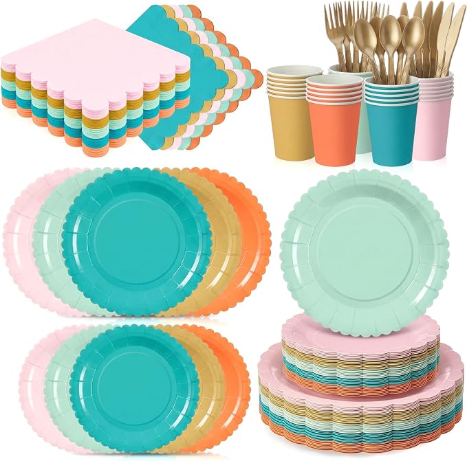 Zhehao 175 Pcs Colorful Coral Party Supplies Rainbow Disposable Tableware with Plates, Cups, Napkins, Cutlery in Coral Tones for Summer Tropical Baby Shower, Birthday, Wedding Party