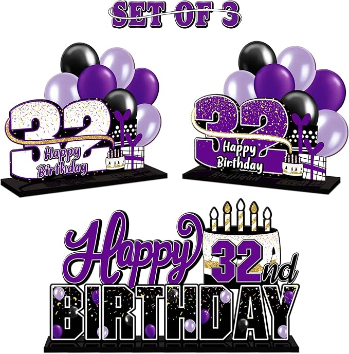 LINGTEER Happy 32nd Birthday Purple Acrylic Table Topper Centerpieces Set - Cheers to 32 Years Old Birthday 32nd Bday Party Gift Decorations.