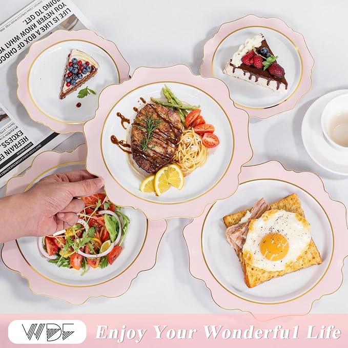 WDF 100PCS Pink Plastic Plates - Heavy Duty Pink and Gold Disposable Plates - Include 50 Dinner Plate and 50 Cake Plastic Plate for Baby Shower/Wedding/Spring/Bridal Shower/Tea Party/Mother's Day
