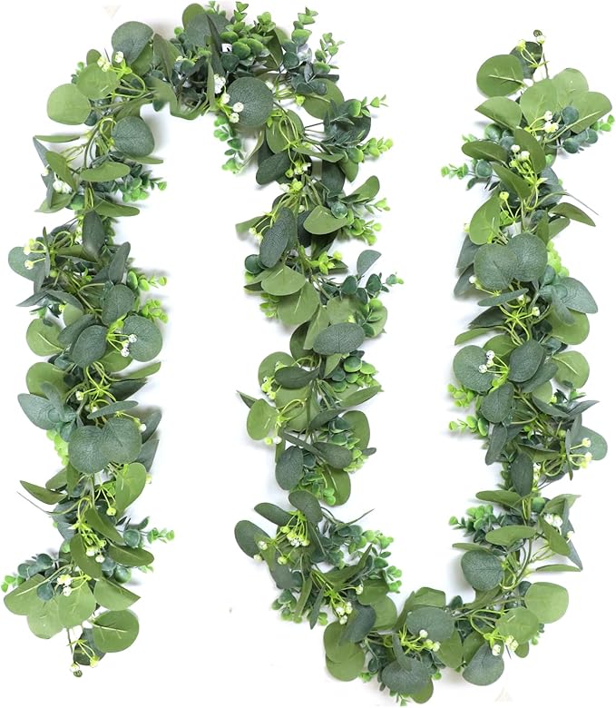 Artificial Eucalyptus Garland, 5.9FT Greenery Garland Vines Decoration, Faux Silver Dollar Eucalyptus Leaves for Table Home Wedding Mantle Party Indoor Decor
