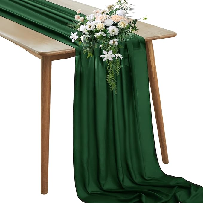 Horbaunal Dark Green Chiffon Table Runners 10FT Sheer Chiffon Runner 29x120 Inches Romantic Boho Rustic Table Runner for Wedding Party Bridal Baby Shower Table Decorations