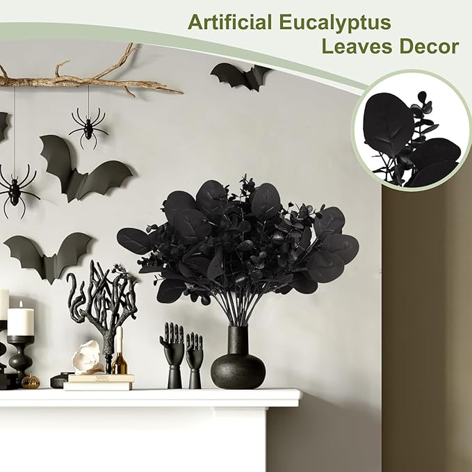 ZeKonan 40 Pcs Artificial Black Eucalyptus Stems, Fake Eucalyptus Leaves Branches Bouquet for Flower Arrangement DIY, Black Silk Flowers for Home Halloween Farmhouse Decor