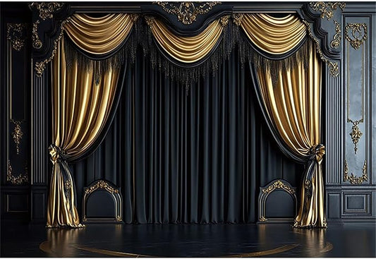 Baocicco Royal Black Wall Backdrops 9x6ft Gold Curtain Luxury Theater Stage Background VIP Shows TV Shows Backdrops Wedding Birthday Party Decors Graduation Ceremony Banner Photo Studio Props