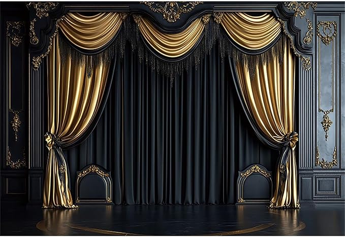 Baocicco Royal Black Wall Backdrops 7x5ft Gold Curtain Luxury Theater Stage Background VIP Shows TV Shows Backdrops Wedding Birthday Party Decors Graduation Ceremony Banner Photo Studio Props