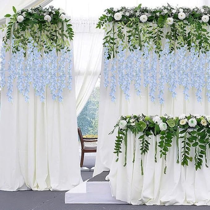 12Pack Wisteria Hanging Flowers Vines 3.6ft Baby Blue Artificial Flowers Fake Wisteria Bushy Garland Silk Flowers Hanging Rattan String for Garden Home Wall Wedding Party Decor (Baby Blue)