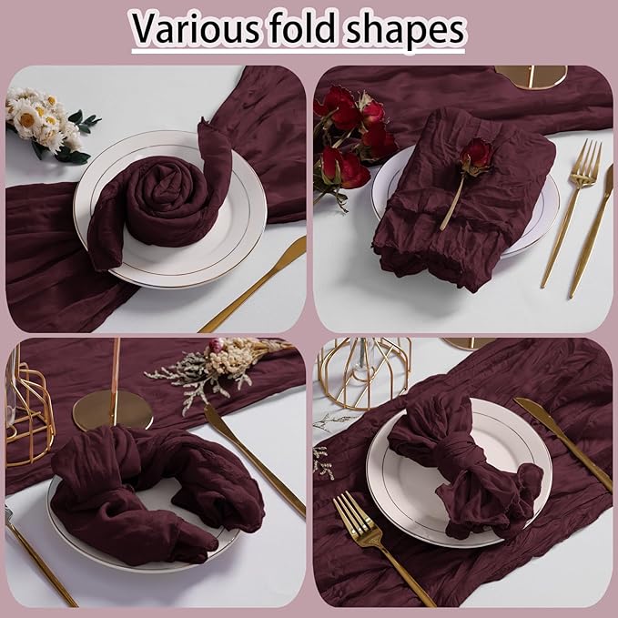 LZY 60 Pack Gauze Cheesecloth Napkins 20x20 Inch Dinner Cloth Napkins, Soft Boho Table Napkins Rustic Wrinkled Cheese Cloth Napkins Bulk for Wedding Party Baby Shower Event Decor (Burgundy)